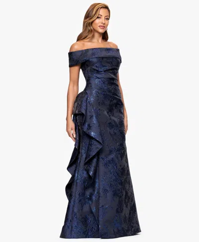 Xscape Petite Long Off-the-shoulder Brocade Side Ruffle Gown In Blue