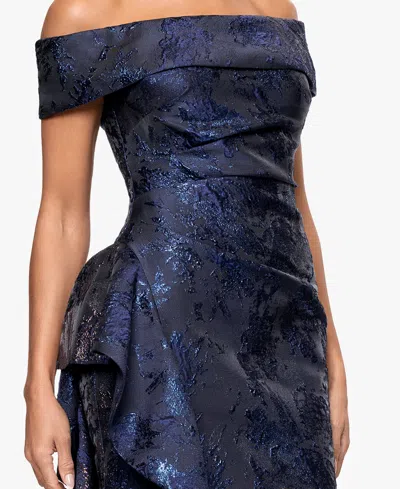 Xscape Petite Long Off-the-shoulder Brocade Side Ruffle Gown In Blue