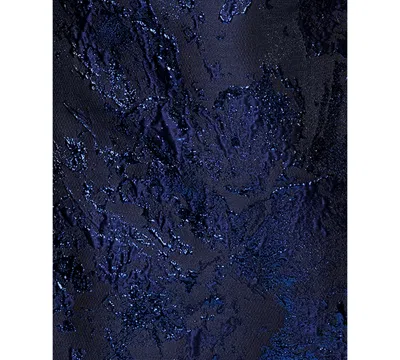 Xscape Petite Long Off-the-shoulder Brocade Side Ruffle Gown In Blue