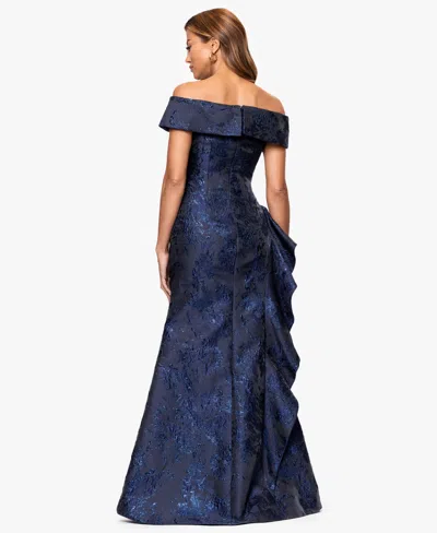 Xscape Petite Long Off-the-shoulder Brocade Side Ruffle Gown In Blue