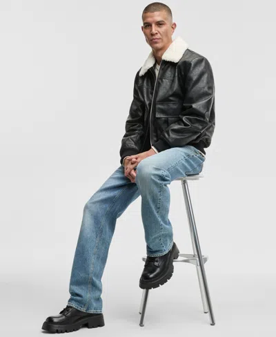 Mode Of One Men's Relaxed-fit Faux-sherpa-collar Faux-leather Bomber Jacket, Macy's Exclusive In Black