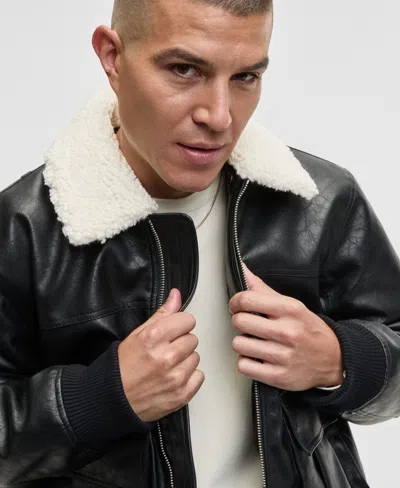 Mode Of One Men's Relaxed-fit Faux-sherpa-collar Faux-leather Bomber Jacket, Macy's Exclusive In Black