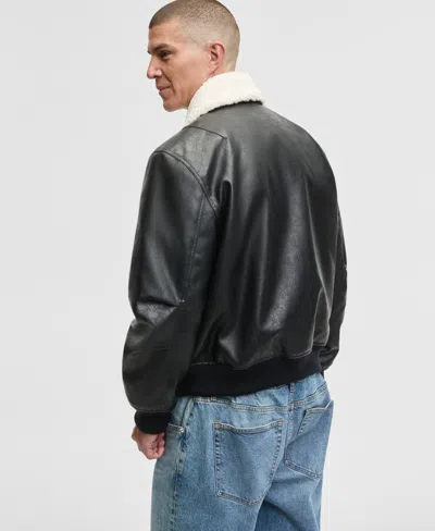 Mode Of One Men's Relaxed-fit Faux-sherpa-collar Faux-leather Bomber Jacket, Macy's Exclusive In Black