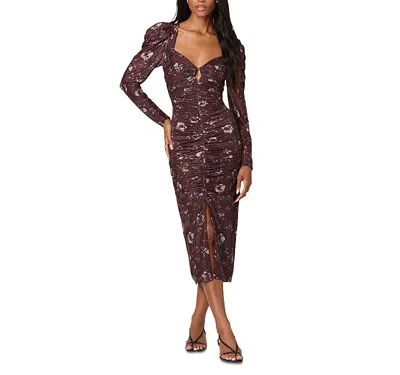 Astr The Label Long Sleeve Ruched Mesh Midi Dress In Brown