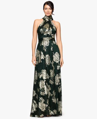 Betsy & Adam Petite "blake" Foil Knit High Halter Neck Floor Length Dress In Green