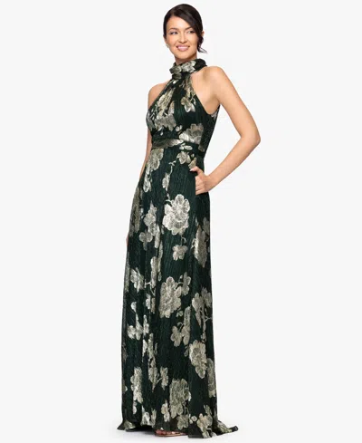 Betsy & Adam Petite "blake" Foil Knit High Halter Neck Floor Length Dress In Green