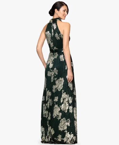 Betsy & Adam Petite "blake" Foil Knit High Halter Neck Floor Length Dress In Green