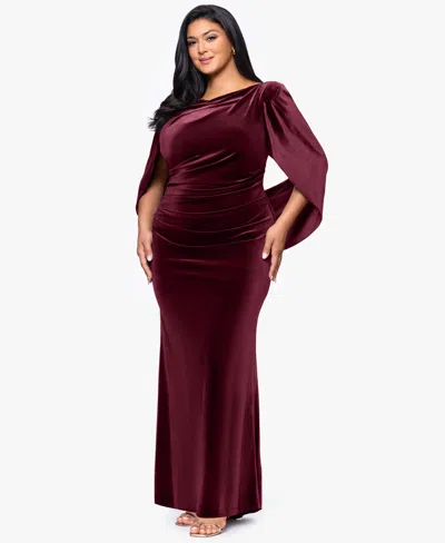 B & A By Betsy And Adam Plus Size Boat Neck Long Drape Back Dress In Burgundy