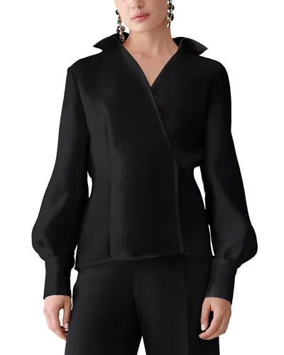Carolina Herrera Silk Puff Sleeve Collared Wrap Top In Black
