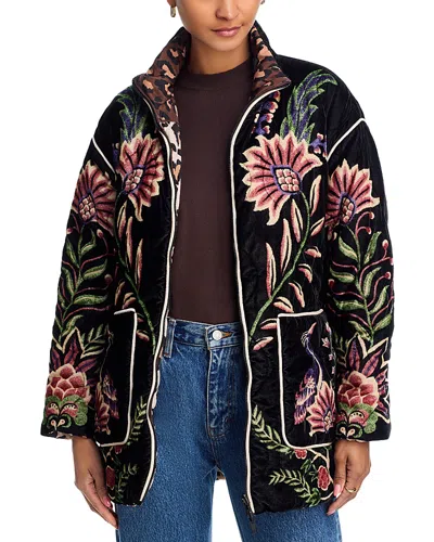 Farm Rio Padded Velvet Jacket With Floral And Bird Embroidery In Black