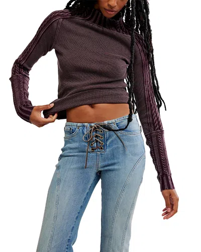 Free People Wtf Breezy Cable Knit Mock Neck Top In Purple