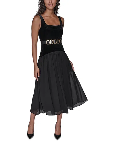 Karl Lagerfeld Velvet & Chiffon Midi Dress In Black