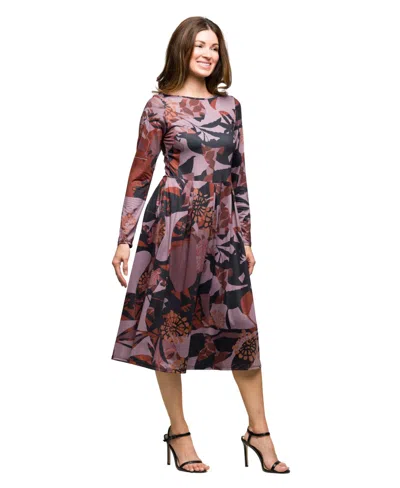 24seven Comfort Apparel Long Sleeve Midi Dress Floral Print In Blue
