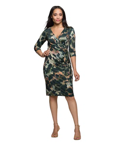 24seven Comfort Apparel Three Quarter Sleeve Faux Wrap Dress In Green