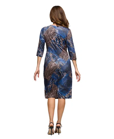 24seven Comfort Apparel Women's Three Quarter Sleeve Faux Wrap Dress In Blue