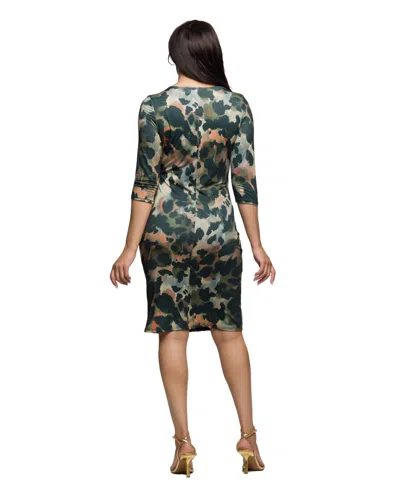 24seven Comfort Apparel Three Quarter Sleeve Faux Wrap Dress In Green