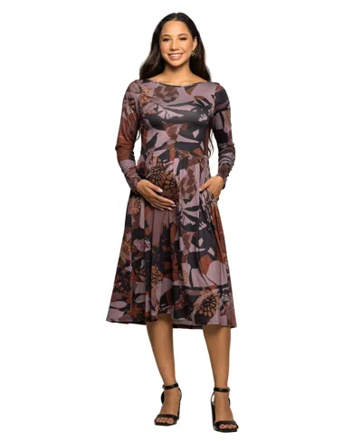24seven Comfort Apparel Maternity Long Sleeve Midi Dress Brown Floral Print In Purple