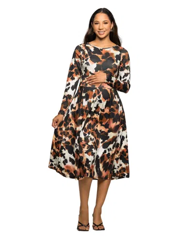 24seven Comfort Apparel Long Sleeve Midi Dress In Brown
