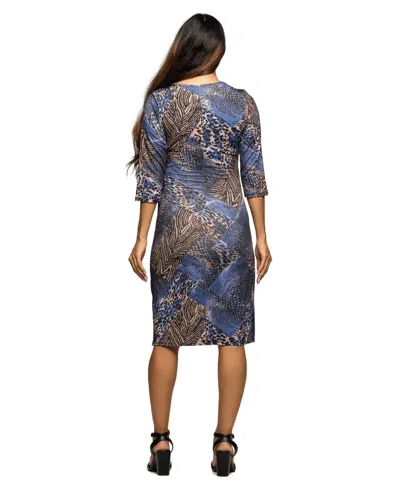 24seven Comfort Apparel Three Quarter Sleeve Faux Wrap Dress In Blue