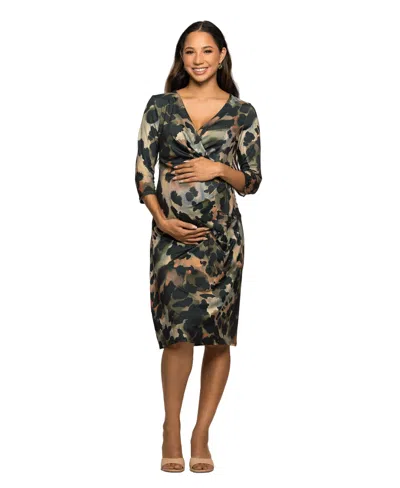 24seven Comfort Apparel Women's Maternity Three Quarter Sleeve Faux Wrap Dress In Green