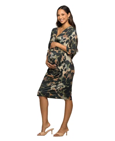 24seven Comfort Apparel Women's Maternity Three Quarter Sleeve Faux Wrap Dress In Green