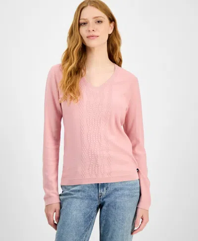 Nautica Jeans Women's Cotton V-neck Textured Sweater In Pink