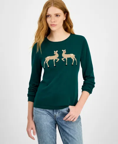 Nautica Jeans Women's Cotton Deer-graphic Sweater In Green