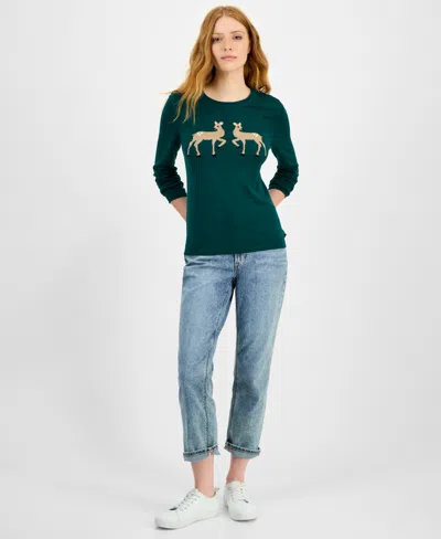 Nautica Jeans Women's Cotton Deer-graphic Sweater In Green