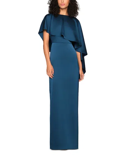 Theia Karis Cape Column Gown In Blue