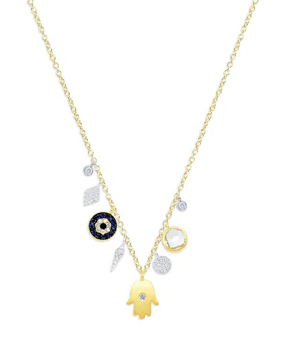 Meira T Multi Gemstone & Diamond Hamsa Hand Mixed Charm Pendant Necklace In 14k White & Yellow Gold, 18 In Gold