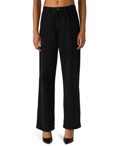 Steve Madden Avaline Crystal Embellished High Waist Relaxed Straight Leg Jeans In Black