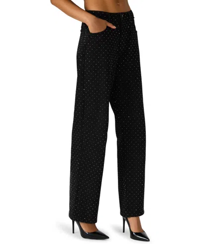 Steve Madden Avaline Crystal Embellished High Waist Relaxed Straight Leg Jeans In Black