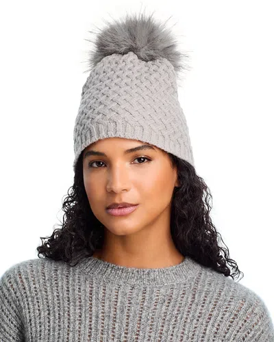Kyi Kyi Faux Fur Pom Pom Lattice Knit Beanie In Gray