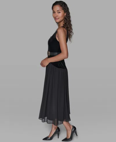 Karl Lagerfeld Velvet & Chiffon Midi Dress In Black