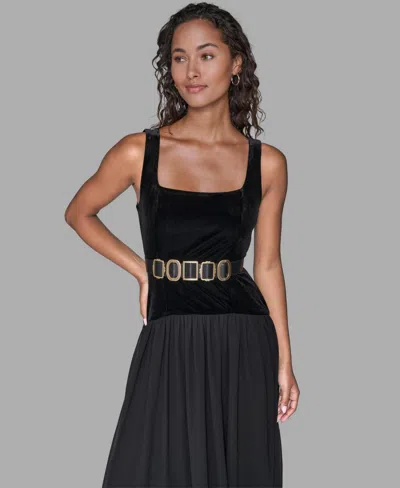 Karl Lagerfeld Velvet & Chiffon Midi Dress In Black