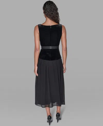 Karl Lagerfeld Velvet & Chiffon Midi Dress In Black
