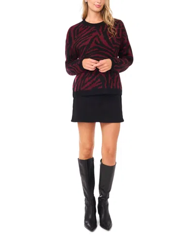 Vince Camuto Women's Zebra Jacquard Long Sleeves Sweater In Burgundy