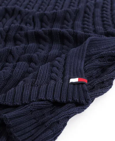 Tommy Hilfiger Solid Cotton Cable Knit Throw Blanket, 70" X 50" In Blue