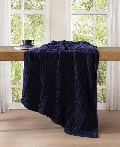 Tommy Hilfiger Solid Cotton Cable Knit Throw Blanket, 70" X 50" In Blue