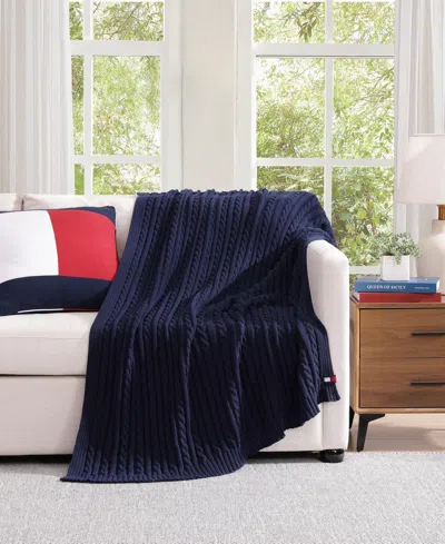 Tommy Hilfiger Solid Cotton Cable Knit Throw Blanket, 70" X 50" In Blue