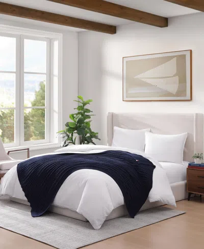 Tommy Hilfiger Solid Cotton Cable Knit Throw Blanket, 70" X 50" In Blue