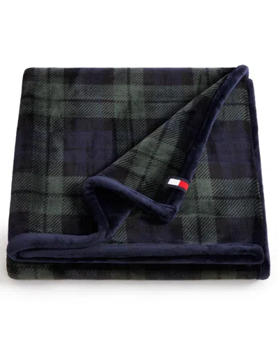 Tommy Hilfiger Printed Plush Plaid Throw Blanket, 70" X 50" In Blue