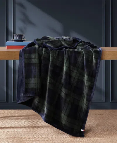 Tommy Hilfiger Printed Plush Plaid Throw Blanket, 70" X 50" In Blue