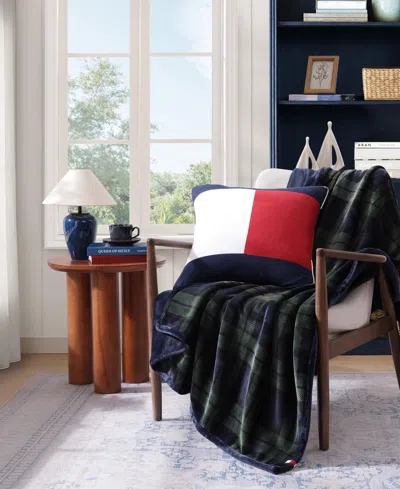 Tommy Hilfiger Printed Plush Plaid Throw Blanket, 70" X 50" In Blue