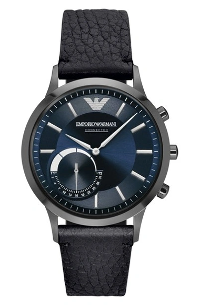 Emporio Armani Leather Strap Hybrid Smart Watch, 43mm In Black/ Blue