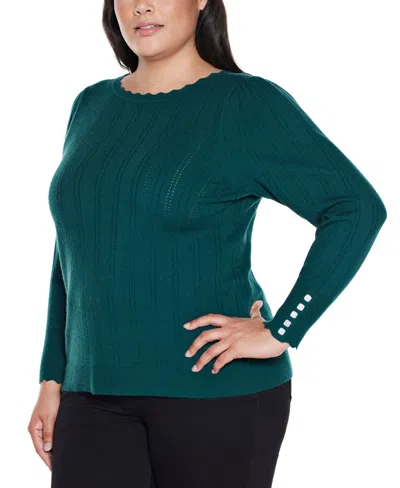 Belldini Plus Size Scalloped-trim Boat Neck Sweater In Green