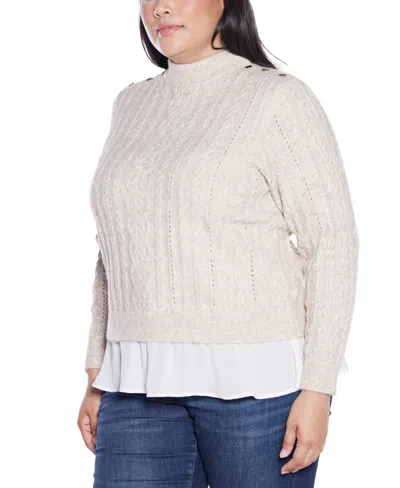Belldini Plus Size Black Label Chiffon-hem Cable Sweater In Neutral