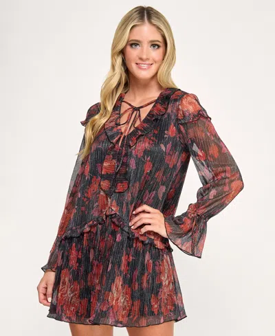 Seni & Cade Juniors' Ruffle Long Sleeve Dress In Brown
