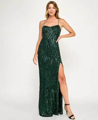 City Studios Women's Wavy Sequin Slim Open Back Long Dress In Green