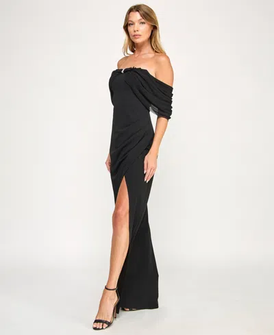 Seni & Cade Juniors' Off-the- Shoulder Drape Long Dress In Black